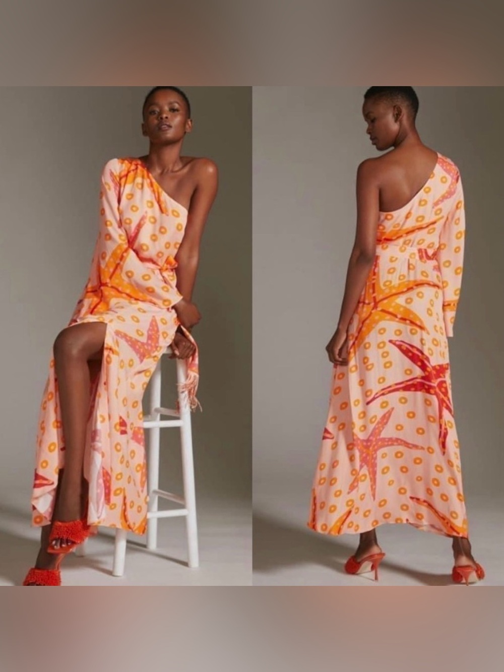 FARM Rio One-Shoulder Starfish Dress Pink & Orange Print Maxi Dress Medium